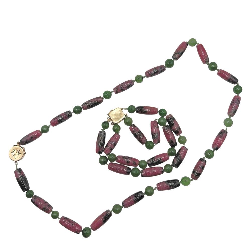 14k Gold Box Closure Vintage Rhodonite Barrel Stones Necklace and Bracelet Set